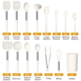 LIANYU 15 Pcs Cooking Kitchen Utensils Set with Holder, Silicone Kitchen Gadgets with Stainless Steel Handle, Heat Resistant Spatula Tools, Brush Spoon Tong Whisk Ladle Turner for Cookware, White