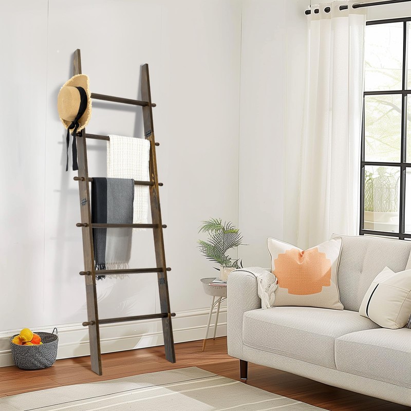 TEAKMAMA 6-Tier Blanket Ladder with Hanging Knobs,5.5 Ft Wall Leaning