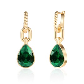 Crystals Teardrop Dangle Drop Earrings, 18K Gold Plated Hoop Earrings Zirconia Jewelry for Women Gifts (Green-Long)