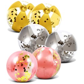 Mozlly Bundle of Confetti Inflatable Beach Balls Set of 6 - Premium Color 2pc Each Rose Gold, Gold and Silver, Size 16 Inch, Cool Glitter Pool Floats Toy for Beach - 6 Pack