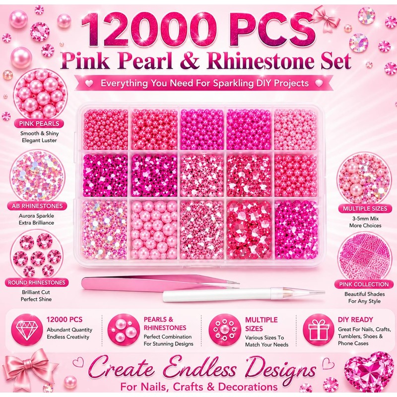 12000 Pcs Bedazzling Kit, Pink Rhinestones, Gems for Bedazzling