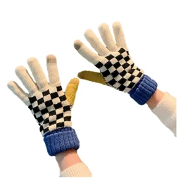 Plaid Winter Gloves with Touch Screen for Women Girls Checkered Double Layer Cold Weather Gloves Thick Thermal Plush Mittens (B-Blue)