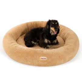 Calming Donut Dog Bed for Medium Size Dog - Memory Foam Round Plush Pet Mat for Anti-Anxiety. Waterproof Comfort Pet Bed w/Cooling Faux Fur, Non-Slip Bottom & Removable Washable Cushion for Couches