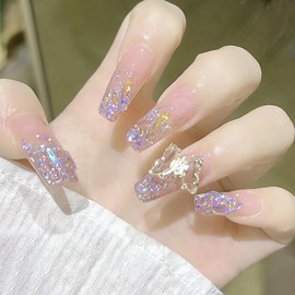 Press on Square Nails Medium Length Glossy Full Cover Acrylic Glitter False Nails with Butterfly Gems Designs Artificial Square Shaped Fake Nails Glue ons Nails Stick on Fingernails for Women Girls