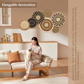 7 Pcs Boho Wall Basket Decor, Rattan Wicker Boho Wall Decor, Hanging Woven Basket Wall Decor, Round Handmade Wall Art for Living Room Bedroom Display Table Settings Home Christmas Decoration (Black)
