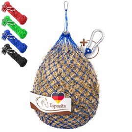 Esposita Large Hay Net for Horses, Hay Bag, Hay Net, Tight Mesh, 3 x 3 cm, Blue with Rings and Carabiner Hook, Hay Net Horse Hay Bag for Horses