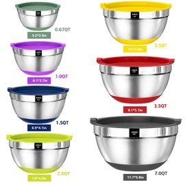 AIKKIL Bowls with Airtight Lids, 20 piece Stainless Steel Metal Nesting Bowls, Non-Slip Colorful Silicone Bottom, Size 7, 3.5, 2.5, 2.0,1.5, 1,0.67QT, Great for Mixing, Baking, Serving