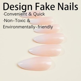 24 uñas postizas de almendra medianas con diseño degradado en rosa y blanco, uñas postizas con punta francesa, uñas acrílicas reutilizables brillantes