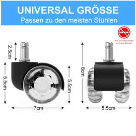 Office Chair Castors 11 mm x 22 mm 5 Chair Castors, Hard Floor Castors for Office Chair, 360 Degree Rotation, No Scratches, Office Chair Castors, Diameter 50 mm, Super Quiet and Soft Hard Floor