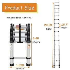 20.3ft Extension Ladder with 2 Detachable Hooks, Aluminum Telescoping Folding Ladder Portable Home Ladder, 3.4ft Folded Height, Adjustable Height, 330lbs Load Capacity, EN131 Standard