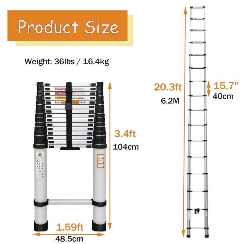 20.3ft Extension Ladder with 2 Detachable Hooks, Aluminum Telescoping Folding