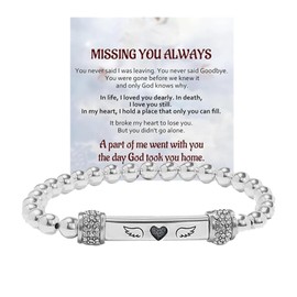 For Memorial In Memory of Loved Ones-Heart With Wings Dainty Diamond Beaded Stretch Bracelets，Angel Wing Missing You Always Lost Lover Engraving Tube Gift Jewelry For Women(Missing You Always-Silver)