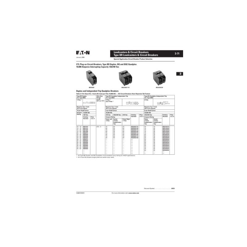 Eaton Cutler-Hammer BD2015 Type BR Duplex Twin 2 Pole 20A