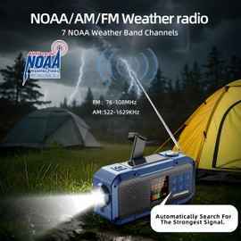 Emergency Weather Radio with IPX5 Waterproof Portable Bluetooth Speaker,USB-C Solar Hand Crank,NOAA Alarm AM FM Radio,Flashlight,SOS Alarm,2000mAh Cell Phone Charger for Home and Camping Survival
