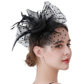 Women Fascinators-Hat with Feathers - Vintage Tea-Party-Hat 20s Flower Mesh Headband Clip for Cocktail Bridal Wedding Black