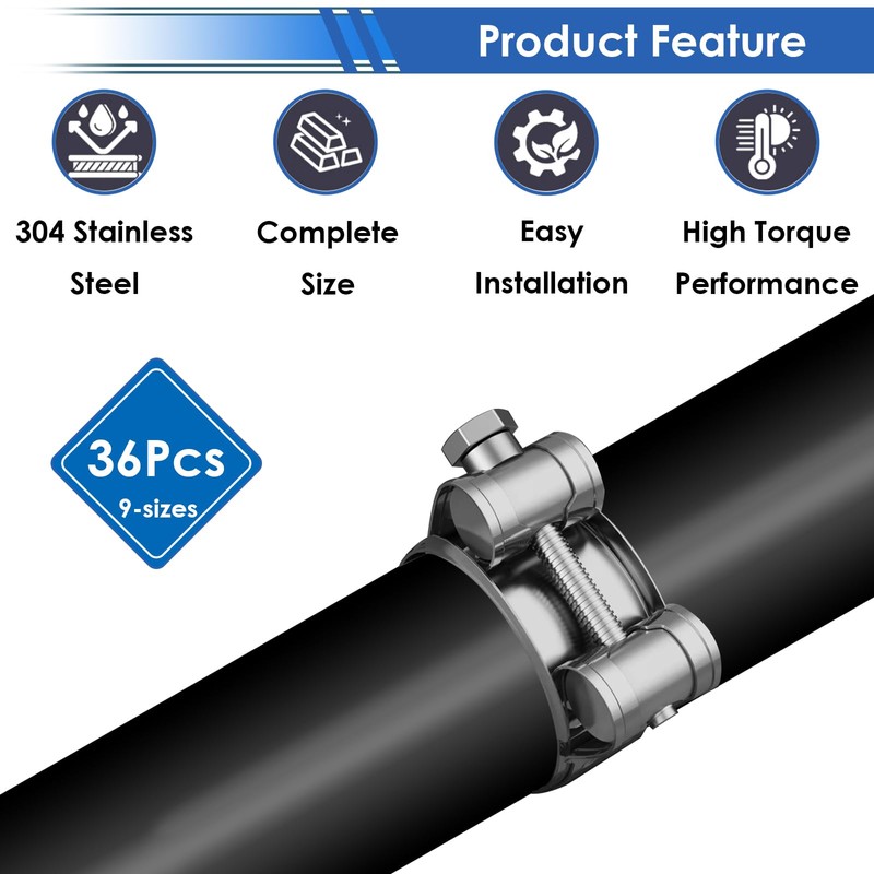 smseace 36Pcs 17-47mm T-bolt Hose Clamps 304 Stainless Steel 9-sizes