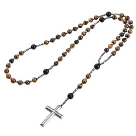 Men's Rosary Necklace - Tiger Eye & Black Obsidian Cross Pendant, Handmade Catholic Beaded Rosary for Men - Tiger Eye
