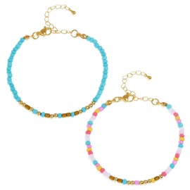 Tyebiva Gold Turquoise Pink Seed Beads Stack Bracelets Set for Women, 2Pcs Boho Handmade Colorful Beaded Adjustable Friendship Colorful Bracelet Festive Holiday Accessories Jewelry Gift.