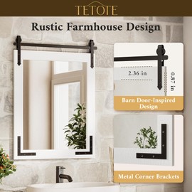 TETOTE Farmhouse Barn Door Mirror 22” x 30” Rustic Natural Solid White Wood Framed Bathroom Vanity Wall Mirror for Living Room Bedroom Entryway, Waterproof, Fully Assembled