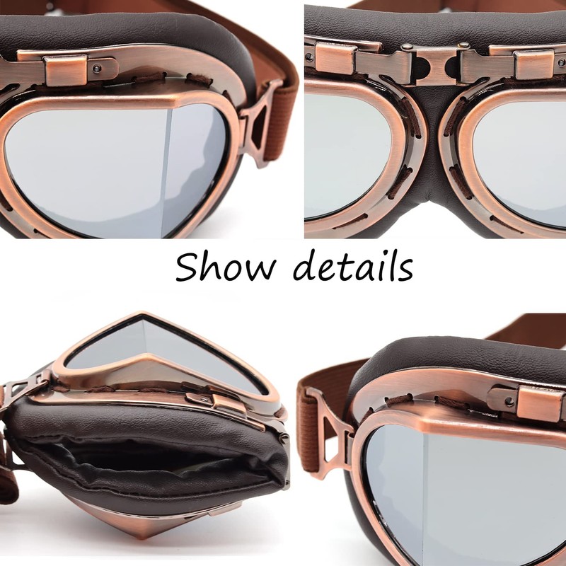 kucehiup Vintage Aviator Goggles Motorcycle Goggles (Copper frame Silver lenses)