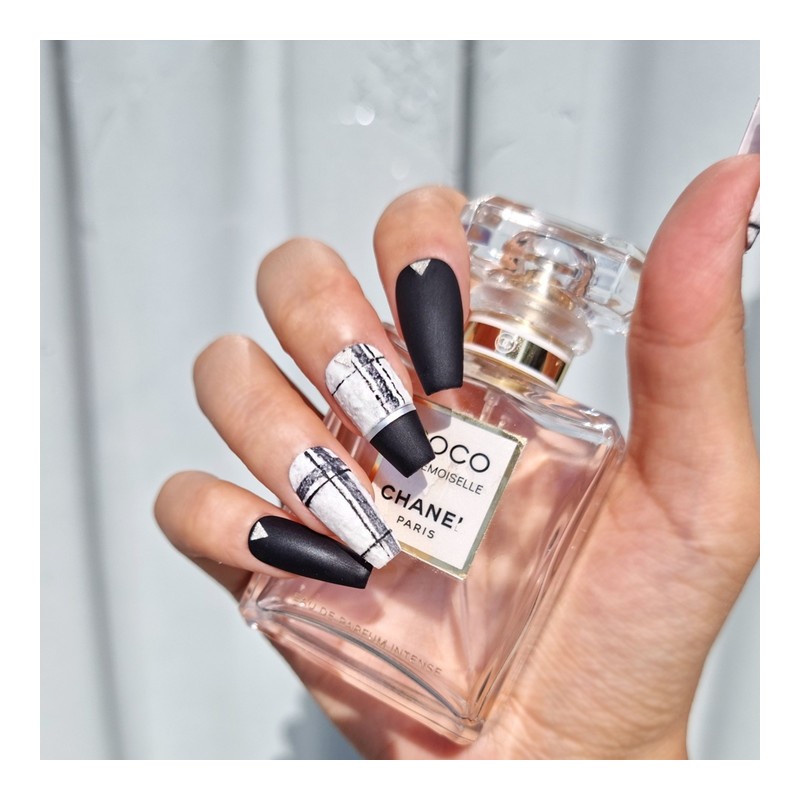 Rough check black handmade nail tip - long point /