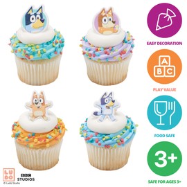 DecoPac Bluey So Much Fun anillos, 24 decoraciones para cupcakes con azul, bingo, bandido y chile, adornos para tartas 3D seguros para alimentos, paquete de 24