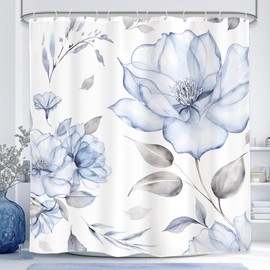 Glawry Blue Floral Shower Curtain 72Wx72L Inches, Watercolor Blue and Grey Peony Flower Shower Curtain for Chic Bathroom, Waterproof Fabric Minimalist Aesthetic Blossom Flowers Artistic Bathroom Decor