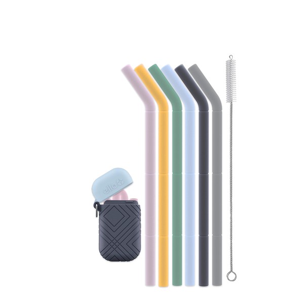 Ello Impact Silicone Fold & Store Straws with Carry Case, 6 Piece, Spring Floral