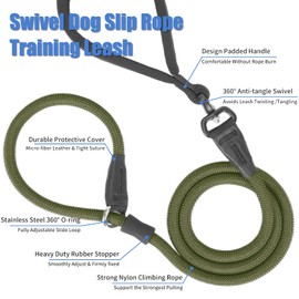 Slip Lead Dog Leash, Strong Slip Leash Dog Training Leash [360° Swivel Anti-Tangle] 4FT / 6FT Durable Nylon No Pull Walking Leash Dog Rope Lead for Small Medium Large Puppy Dogs 4ft Army Green