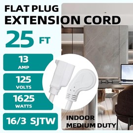 GREATIDE Cable de extensión de enchufe plano de 25 pies, 16 AWG 3 clavijas, cable de extensión blanco de bajo perfil para interiores y exteriores, listado UL