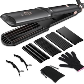 Sixriver Hair Crimper for Women - Ceramic Waver Hair Tool with 4-in-1 Flat Crimping Iron Plates, 15s Fast Heating, Volumizing Hair Crimper, for All Hair Types - Black