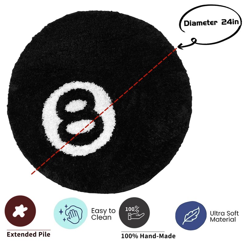 8 Ball Rug, 24inch Cool Rugs for Bedroom Men,Unique Circle
