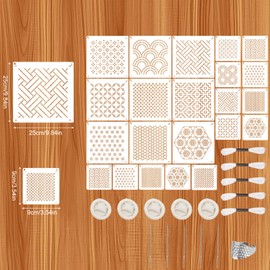 Sashiko Stencil Set Made of Plastic, Scrapbooking Craft Decoration, Includes 18 Geometric Simple Stick Stencils, 5 Rolls of Thread, 5 Finger Holders, 5 Needles, 1 Thimble