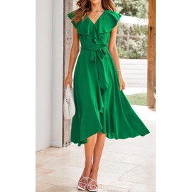 PRETTYGARDEN Women's Summer Cross V Neck Split Party Dress Ruffle Short Sleeve Midi Dress with Belt Casual Long Dresses (Green,Medium)