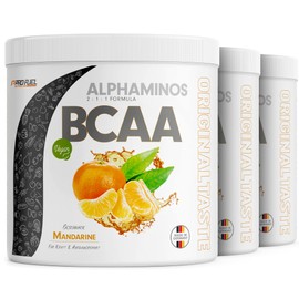 BCAA Powder 3 x 300 g Mandarin - Test Winner - Alphaminos BCAA 2:1:1 - The Original from ProFuel - Essential BCAA Amino Acids - Incredibly Delicious Flavour - 100% Vegan & Laboratory Tested - Top Solubility