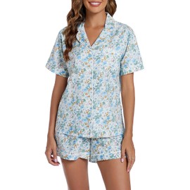 LUBOT 100% Cotton Women's Pajamas Set Button-Down Two-piece PJ Set Short Sleeve Printed Patterned Summer Sleepwear Loungewear (Penoy, L)