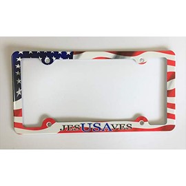 Jesus Saves USA License Plate Frame, American Flag Decorative License Plate Holder, Americana Car Tag Frame