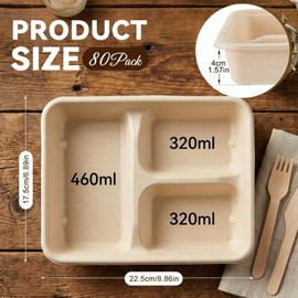 Havawish 80 Pack 37 oz 3 Compartment Deepen Disposable Plate, 8.9" x 6.9" x 1.6" Compostable Square Lunch Tray Heavy Duty Biodegradable Bagasse Divided Sectional Bowl for Party Catering Meal Prep