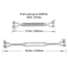 Turnbuckle 2pcs Turnbuckles for Cables Wire, Turnbuckle Hook, 1/2” x 6” M12 Galvanized Steel Jaw and Jaw Turnbuckle, 2200 lbs Heavy Duty Turnbuckle for Outdoor Straight Pull Applications