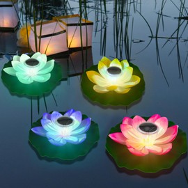 VIHOSE 4 Pcs 11 Inch Diwali Solar Pond Pool Light Floating Lotus Flower Lamp Lily Pad Flower Pool Light Solar Floating for Pond Garden Decoration