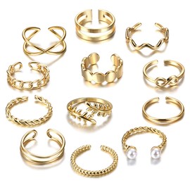 IRONBOX 12 Pcs Adjustable Knuckle Rings for Women 14K Gold Plated Stacking Rings Pack Wave Star Moon Dainty Thumb Open Rings Set Gold