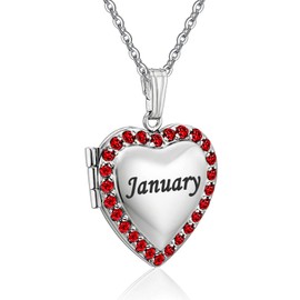 YOUFENG Love Heart Locket Necklace Holds Pictures Paved Blue Red White CZ Rose Gold Charm Living Memory Photo Lockets (January)