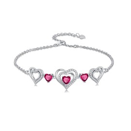 Wildari Forever Love Heart Ruby Birthstone Charm Link Bracelet 925 Sterling Silver Love Heart Bracelet with July Birthstone Birthday Jewelry Gifts for Women Mom Her,Chain Length 7"+2" Extend