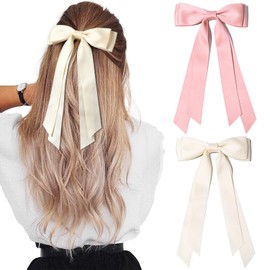 Kryzalite 2 Pieces Silky Satin Hair Bows Hair Clip Pink Cream Hair Band Ponytail Holder Metal Clips Hair Bow for Women