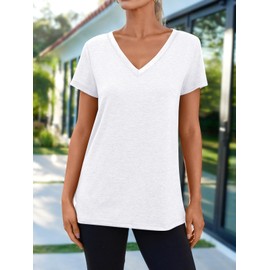 AUTOMET T-Shirts Short Sleeve V Neck Tees Tops for Women Fashion Trendy Lightweight Soft Casual Summer Outfits Clothes 2025 White XL