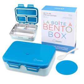 kinsho Stainless Steel Bento Box Lunch Container for Kids Adults with Removable Tray, Leakproof Silicone Seals, BPA Free 26 oz/790 mL (Blue)
