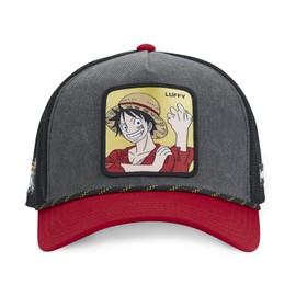 One Piece Men's Luffy Trucker Cap, Original Manga Anime, Grey / Red, One Size