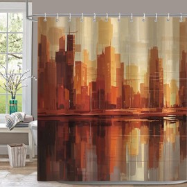 Orange Yellow Abstract Shower Curtains, Rustic Vintage Farmhouse Building Shower Curtain Set for Bathroom Curtain Decor, Washable Fabric Cloth Waterproof with 12 Hooks, 72x84 Inch