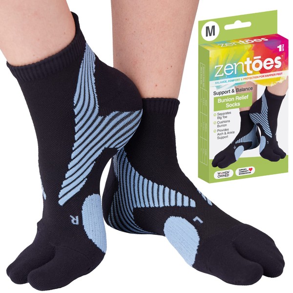 ZenToes Padded Bunion Relief Socks for Women and Men with Big Toe Separator, Built-In Bunion Protector Cushion, Arch Compression, Moisture Wicking Cotton Blend - 1 Pair (Medium)