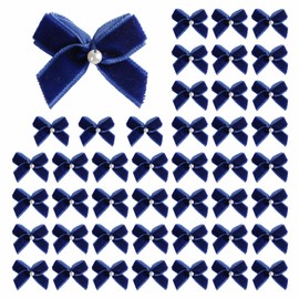 Meseey 60pcs Mini Velevt Ribbon Bows 1 Inch with Pearl Ribbon Flowers Appliques DIY Craft for Sewing, Scrapbooking, Wedding, Gift,Christmas Decoration(Royol Blue)
